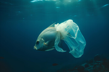 Plastic pollution concept. Save the ocean fish in plastic bag  ai generated