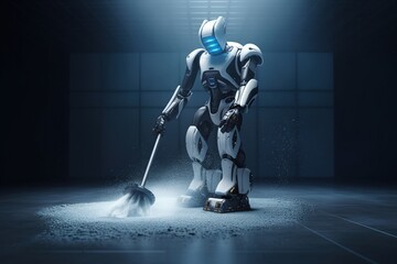 a humanoid robot cleans the apartment. Housewife robot cleaning house. cleaning concept. generative ai,