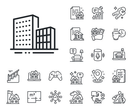 City architecture sign. Floor plan, stairs and lounge room outline icons. Buildings line icon. Skyscraper building symbol. Buildings line sign. House mortgage, sell building icon. Real estate. Vector