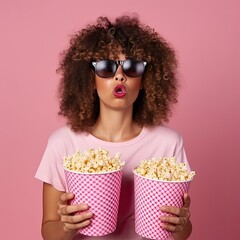Curly-haired woman with a terrified expression holding popcorn buckets in her hands, on a pink background. Generative AI