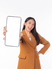 beautiful Asian young woman ,Excited surprised girl showing smart phone with blank screen , white screen for Mobile App Advertising isolated on white background , smart phone display Mock Up Image