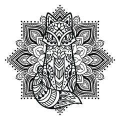 Fox in ornament. Vector illustration Mandala. Flower Ethnic drawing. Decorative Fox animal in Zen boho style. Boho, hippie for decoration
