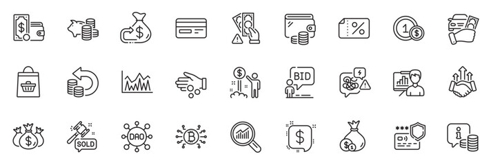 Fototapeta na wymiar Icons pack as Wallet money, Wallet and Income money line icons for app include Stress, Usd coins, Presentation board outline thin icon web set. Cash back, Auction, Auction hammer pictogram. Vector