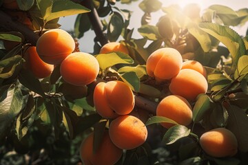 many apricot fruits on a tree in the garden on a bright summer day. Organic fruits. Healthy food. Ripe apricots. generative ai,