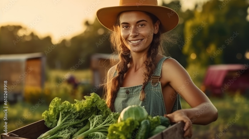 Wall mural farmer, agriculture and portrait of woman with box on farm after harvest of summer vegetables. gener