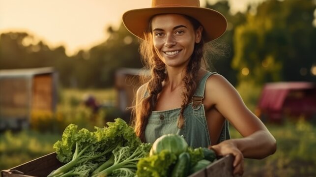 Farmer, agriculture and portrait of woman with box on farm after harvest of summer vegetables. Generative AI
