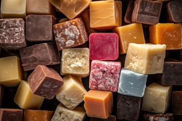 an assortment of fudge pieces in various flavors, with focus on the contrasting textures and colors