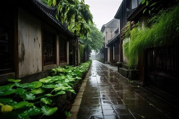 Fototapeta na wymiar wet street green view of village . Generative Ai