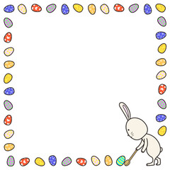色々な柄の卵を転がす白うさぎのイースターフレーム