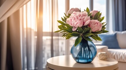 bouquet of white-pink peonies in glass vase, hotel room background with copy space
