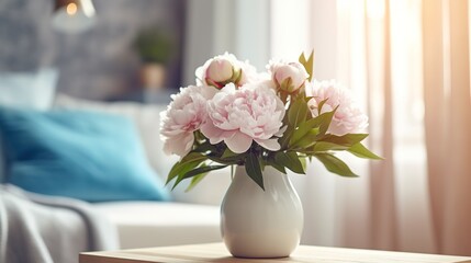 bouquet of white-pink peonies, hotel room background with copy space
