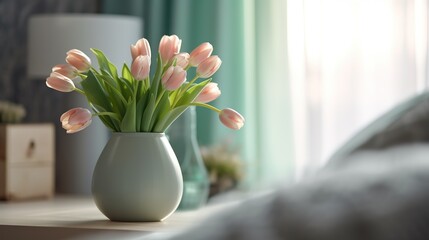 bouquet of tulips in a vase, hotel room background with copy space