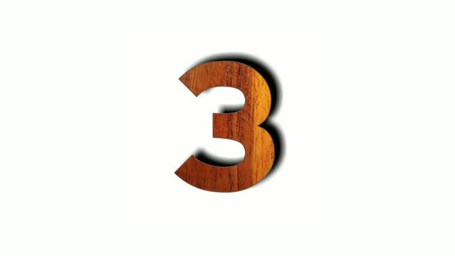 Wooden number 3 three animation isolated on white background. Motion graphics numbers sign symbol for video element