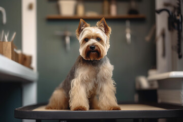Dog grooming. Professional care for a dogs in the beauty groomer salon. Pet grooming concept.Dog relaxing at spa. Caring for little friends. Dog spa. generative AI. 