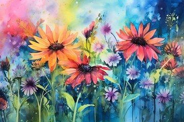 vibrant flowers in summer time with bright and multicolor, watercolor. Generative Ai