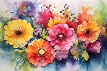 vibrant flowers in summer time with bright and multicolor, watercolor. Generative Ai