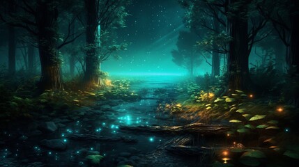 Mesmerizing moonlit forest. Beautiful illustration picture. Generative AI