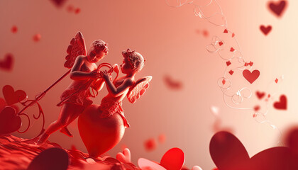 Obraz premium Close-up with Cupid and his partner, red hearts and blurred background. Generative AI