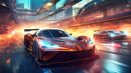 Obraz na płótnie Canvas a futuristic environment and background with sports car racing each other on the track. Generative Ai