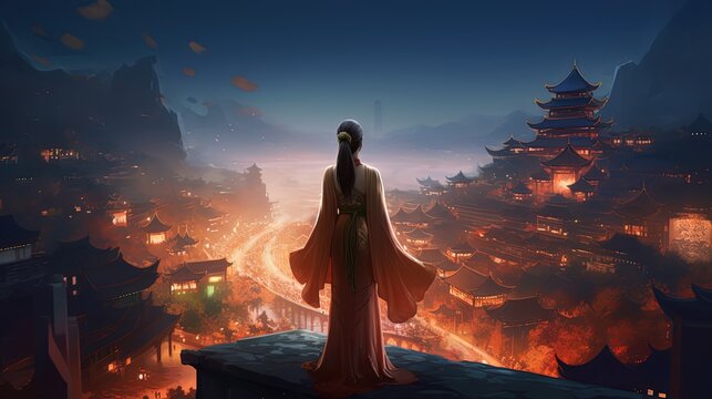 pretty woman standing on high place with ancient China kingdom cityscape scenery, Generative Ai