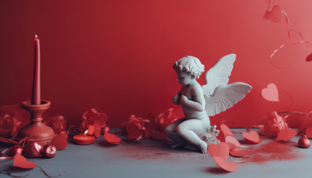 Close-up with Cupid, lit red candles, red hearts, on red background with empty space. Generative AI