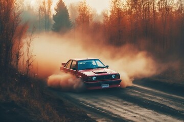 Obraz na płótnie Canvas car drifting with red smoke coming out of the tyres in a natural environment, in a forest surrounded by trees. Generative Ai
