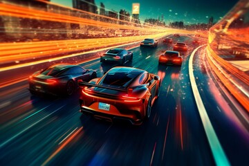 futuristic visualization of the a track with sports cars racing each other, future cars. Generative Ai