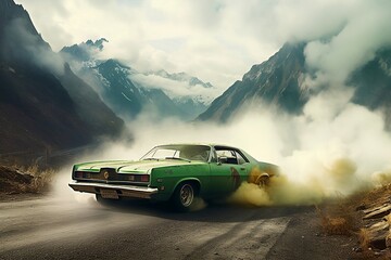 Fototapeta na wymiar sports car drifting with green smoke coming out of the tyres, mountains background. Generative Ai