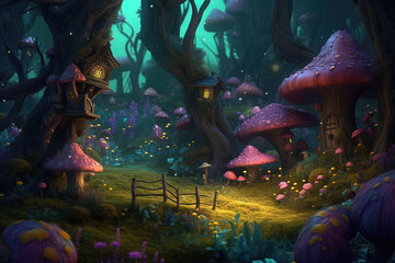Magic forest with mushrooms in different sizes, plants, flowers and lights