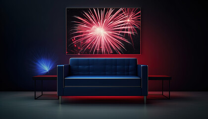 Large picture frames mock up with fireworks on the wall and big sofa