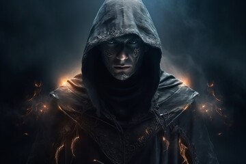 Portrait of dark character that is in black hood. Beautiful illustration picture. Generative AI