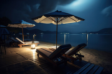 night in the beach with an umbrella. Generative Ai