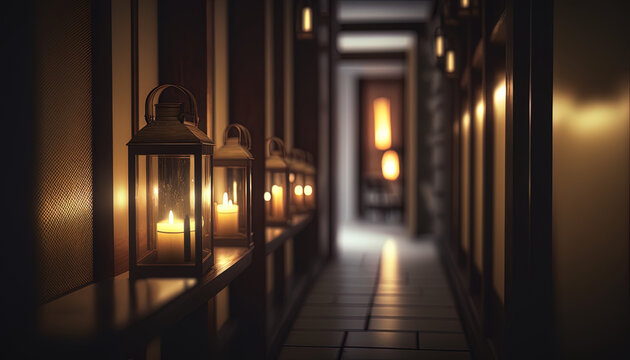 Entrance corridor in the spa illuminated with lanterns and candles with soft gradient light