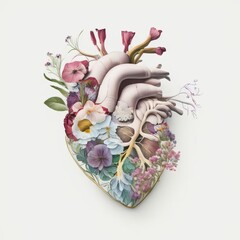 Human heart made of flowers and leaves. AI Generated.