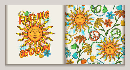 Label, pattern with sun with face, beads, heart, chamomile, text. Concept of harmony, balance. Peaceful, summer illustration. For clothing, apparel, T-shirts, surface decoration. Groovy, hippie style