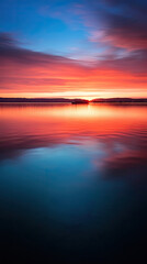 simple serene sunset over a tranquil lake, dark blue and red orange light, AI
