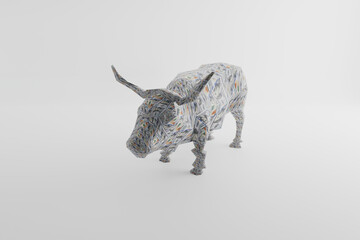 Bull market concept. Stylized dollar wrapped bull figure standing on a white background.