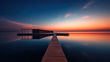 sunset over a tranquil body of water, with a long dock stretching into the distance, amazing hotel on the water, AI