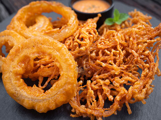 Deep fried enoki mushroom and onions with dip - vegan food style , Top view