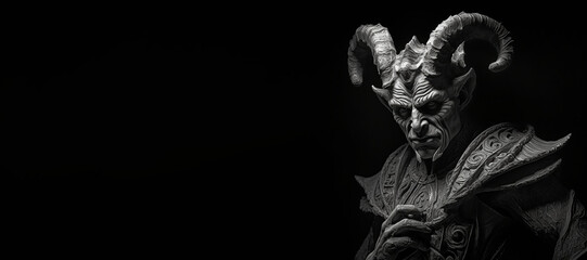 Black and white photorealistic studio portrait of the demonic being lucifer the devil on black background. Generative AI illustration - obrazy, fototapety, plakaty