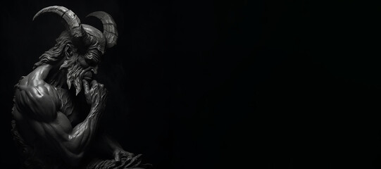 Black and white photorealistic studio portrait of the demonic being lucifer the devil on black background. Generative AI illustration