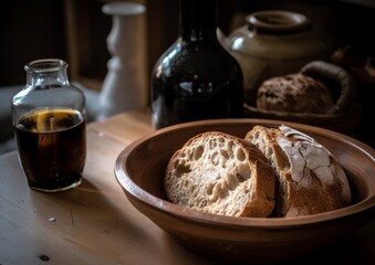 Champagne vinegar in a small ceramic dish with a loaf of crusty bread