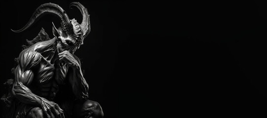 Black and white photorealistic studio portrait of the demonic being lucifer the devil concept on black background - obrazy, fototapety, plakaty
