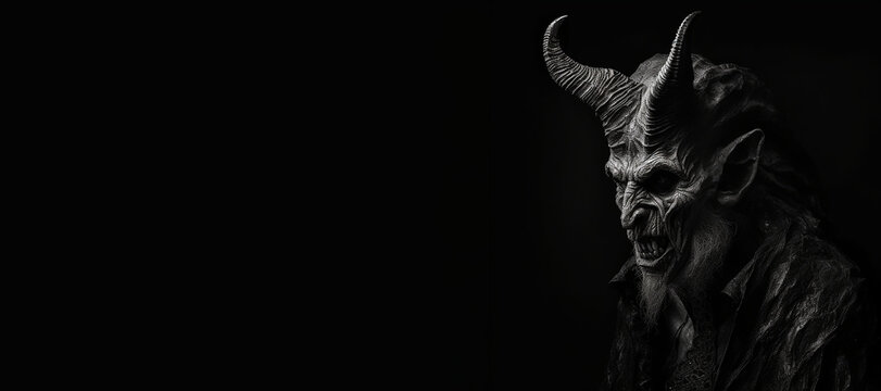 Black and white photorealistic studio portrait of the demonic being lucifer the devil on black background. Generative AI illustration