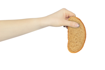 a piece of bread in a hand, a hand holds out a piece of bread, isolated from the background, food sharing concept