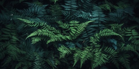 Naklejka na ściany i meble Fern leaves noise texture background, fern growing in dark forest, overhead view, moody natural plants background