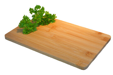 Empty wooden cutting board mockup with parsley
