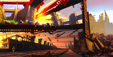 Post-apocalyptic City Ruins Panorama view at Golden Hour, Generative AI based Artwork
