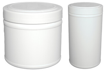 White plastic containers. Big and small empty vessels without background.