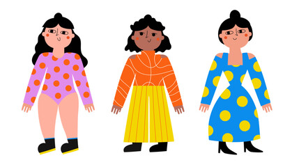 Vector illustration set with women in colored fashion dress and pants. Funny sticker print design, shopping flyer template